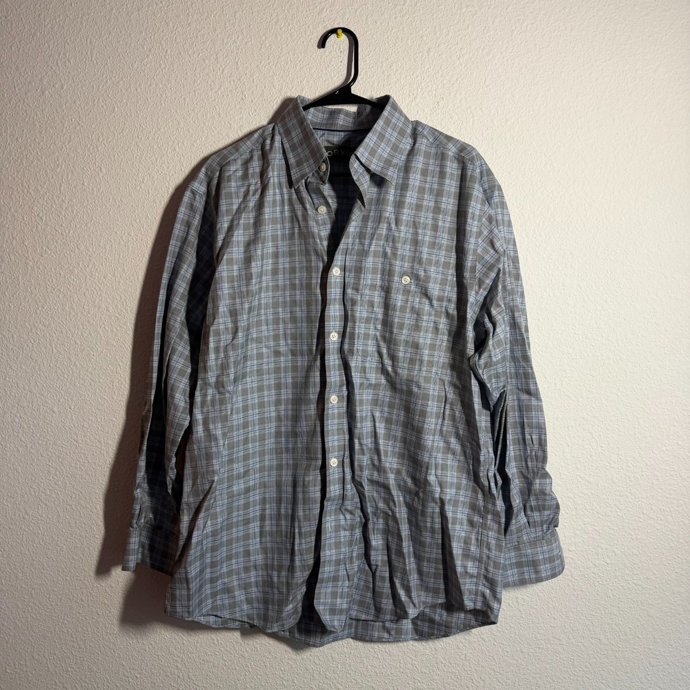 Orvis‎ Shirt Mens Gray Blue Plaid Cotton Pleated Button Up Everyday Casual Wear